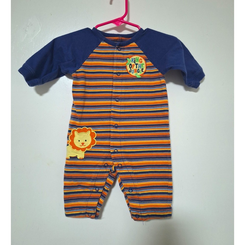 Little Wonders Baby Boy One Piece Romper  0-3M Orange Blue Stripe Lion Jungle